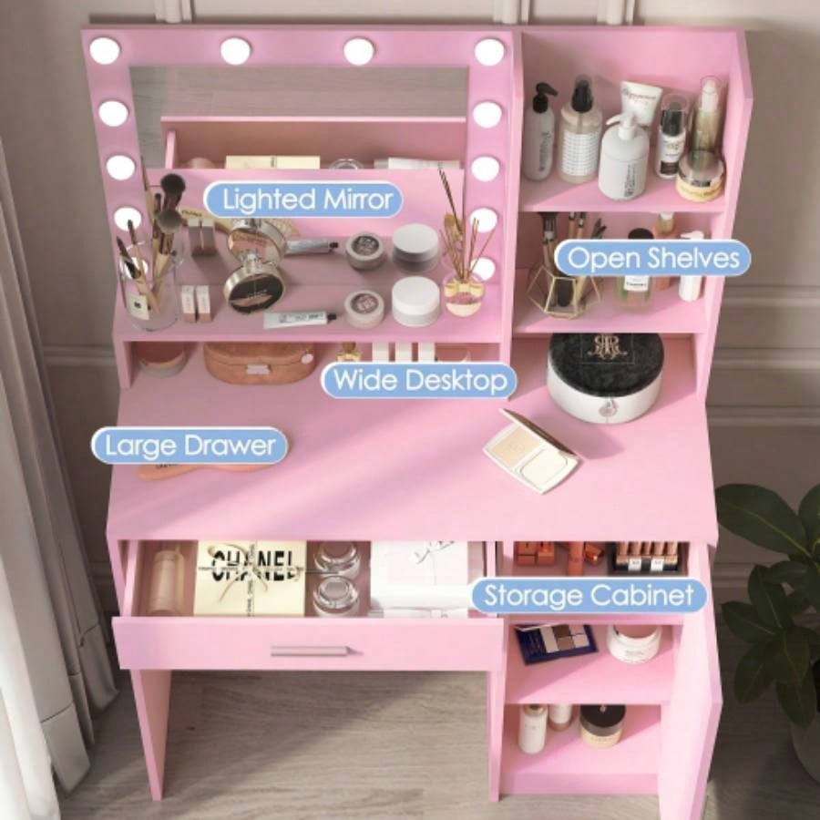 Vanity Desk with Mirror Light, Large Drawer Three Level Storage Dresser, 3 Lighting Modes Adjustable Brightness, Bedroom Dressing TablePink