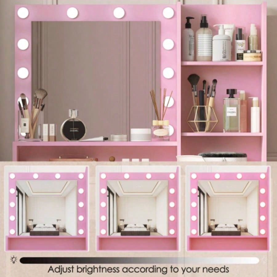 Vanity Desk with Mirror Light, Large Drawer Three Level Storage Dresser, 3 Lighting Modes Adjustable Brightness, Bedroom Dressing TablePink