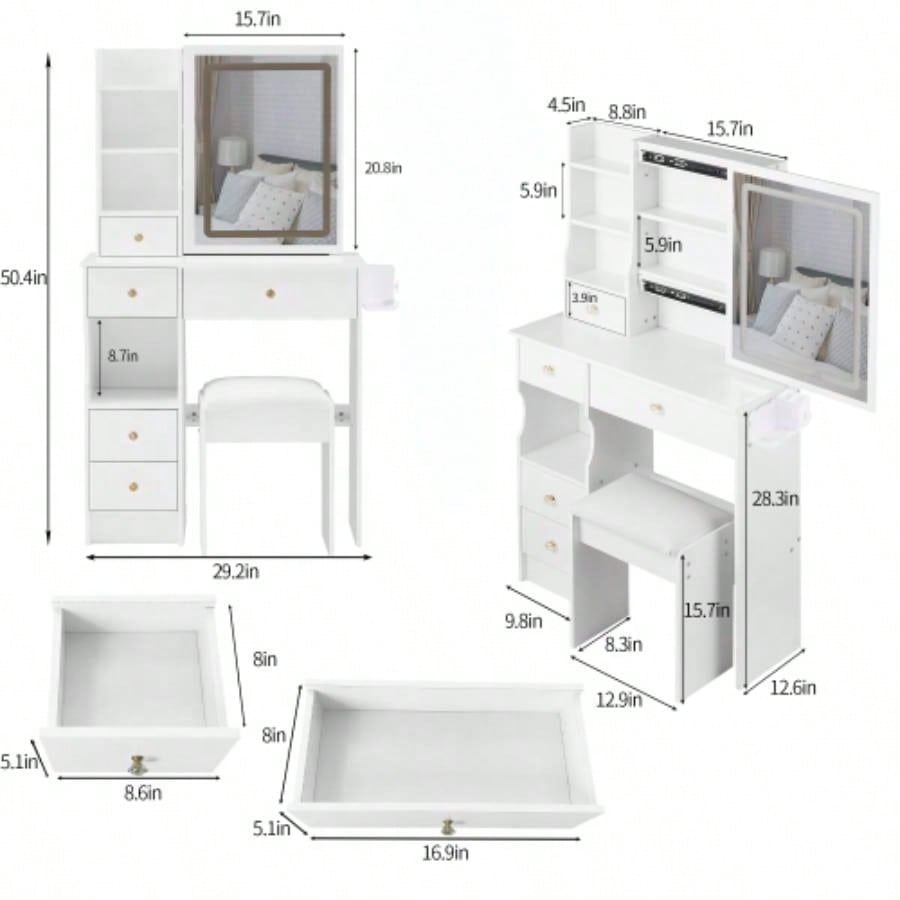 29.2 Small Size Left Drawer Desktop Vanity Table+ Cushioned Stool, 2 AC+2 USB Power Station, Hair dryer bracket, Large Control Sliding LED Mirror, Tri - color Switching, Brightness Adjust