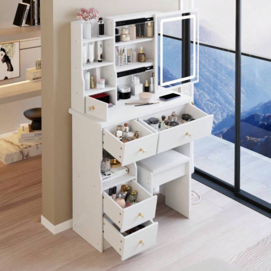 29.2 Small Size Left Drawer Desktop Vanity Table+ Cushioned Stool, 2 AC+2 USB Power Station, Hair dryer bracket, Large Control Sliding LED Mirror, Tri - color Switching, Brightness Adjust
