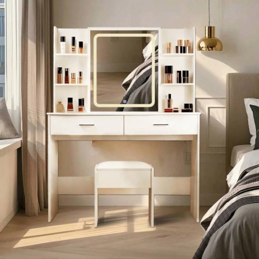 Vanity Desk with Mirror and Lights, Makeup Vanity with Drawer Storage Cabinet, 3 Lighting Modes Adjustable Brightness, Dressing Table with Open Shelves Bedroom, Dressing Room, White