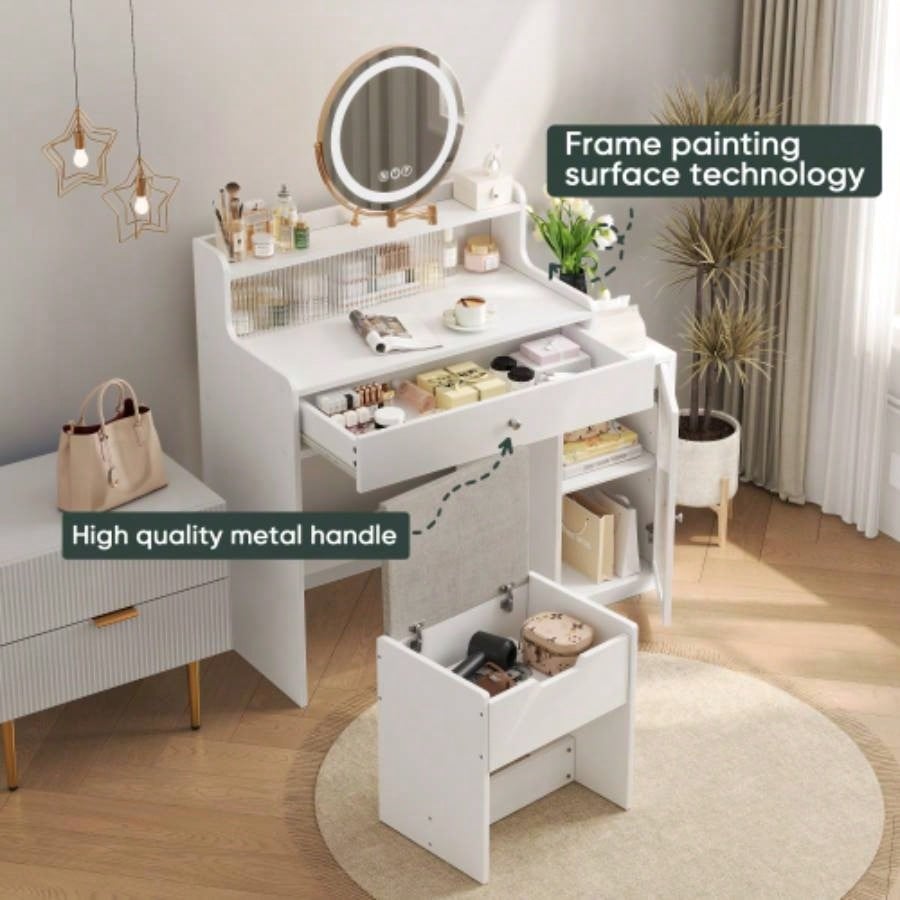 White Vanity Desk with 360 Rotated Mirror and Adjustable Lights, Girls Makeup Vanity Table with Storage Chair and Side Cabinet with Waveform Glass Doors, Dressing Table with Drawer Bedroom