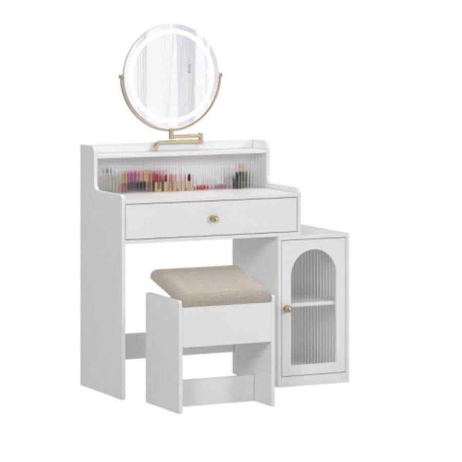 White Vanity Desk with 360 Rotated Mirror and Adjustable Lights, Girls Makeup Vanity Table with Storage Chair and Side Cabinet with Waveform Glass Doors, Dressing Table with Drawer Bedroom