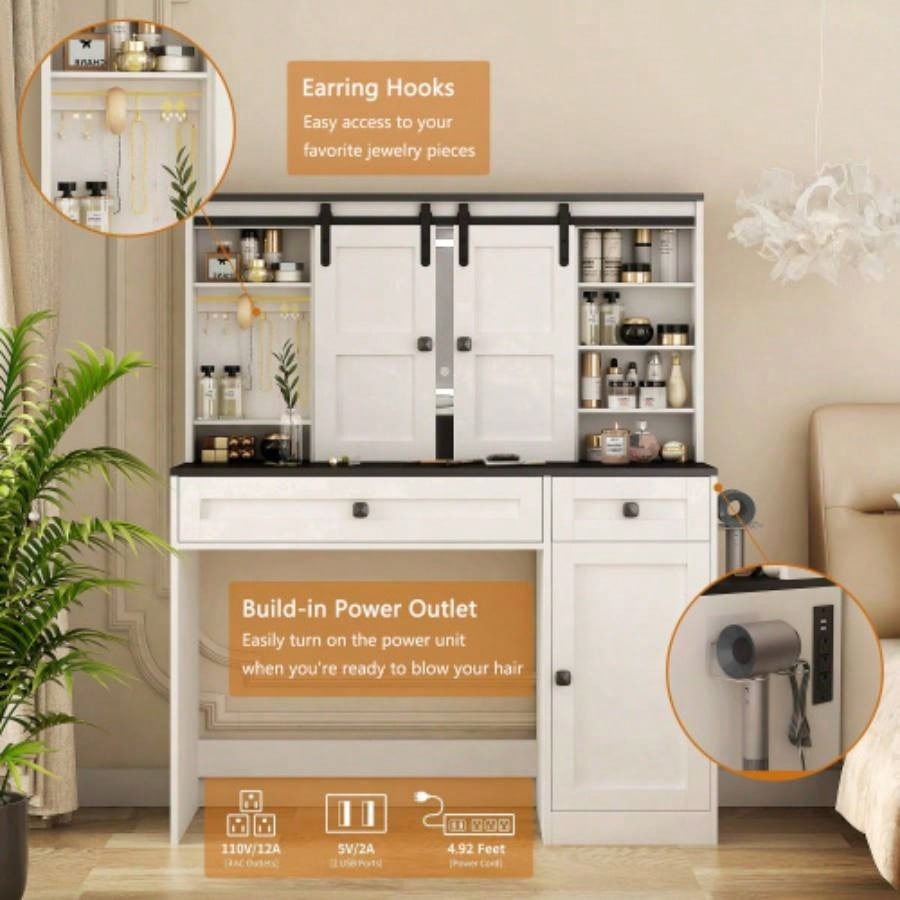 Farmhouse Dressing Table Makeup Table, 43 Wide Dressing Table with Lighted Mirror and Makeup Drawer, Large Modern Dressing Table Set with Hair Dryer Holder Bedroom, White