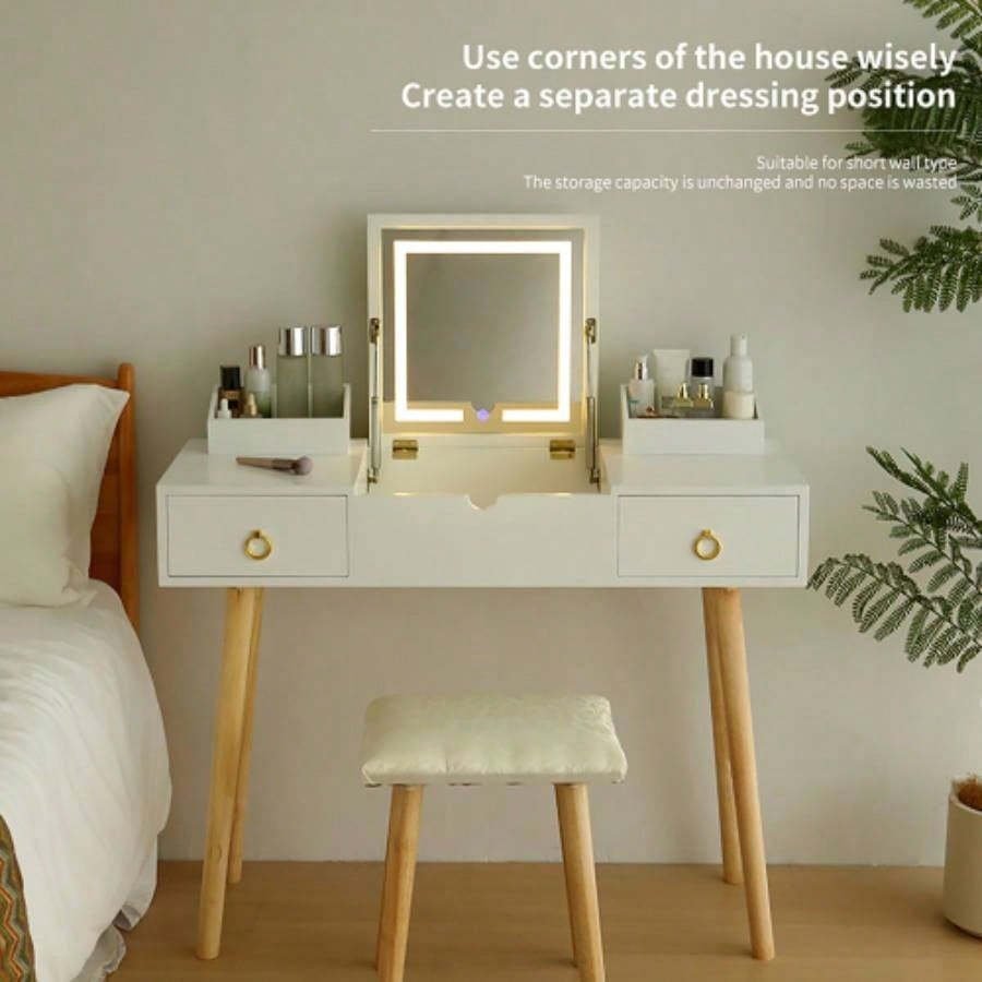 Vanity Desk Set with LED Lighted Mirror Power Outlet, Flip Top Makeup Vanity Table with Drawers Cabinet, Bedroom, Bathroom,