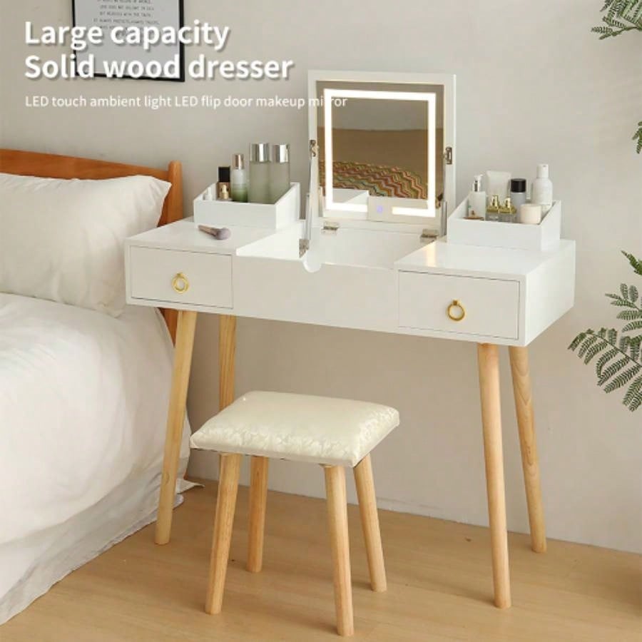 Vanity Desk Set with LED Lighted Mirror Power Outlet, Flip Top Makeup Vanity Table with Drawers Cabinet, Bedroom, Bathroom,
