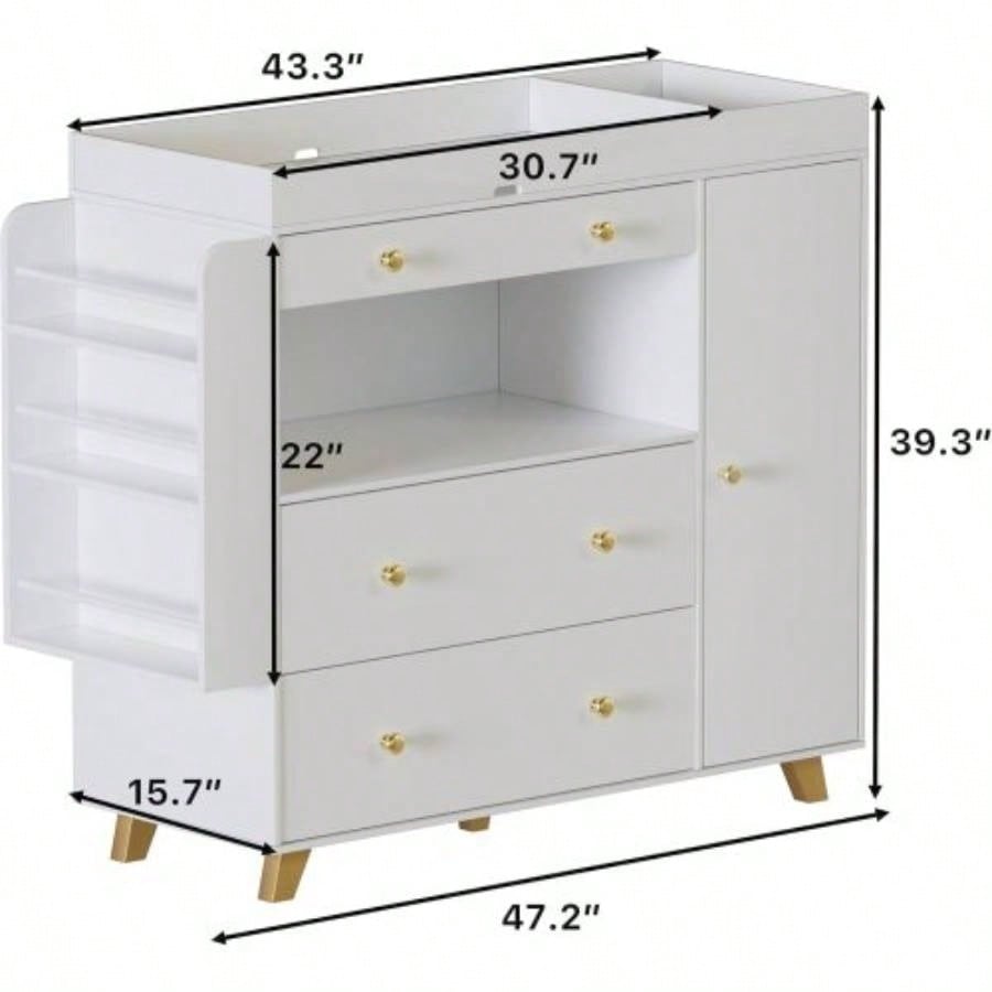 Changing Table Modern Dresser with Wide Table Top, 3Drawers, White Drawer Dresser