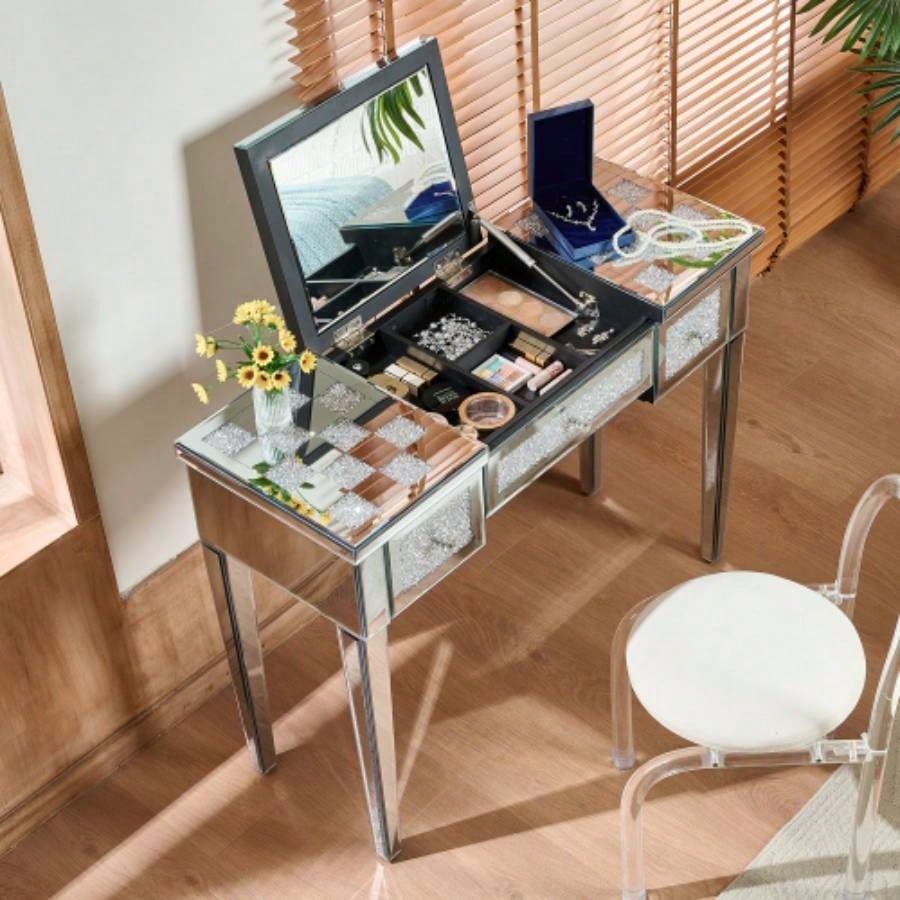 Mirrored Makeup Vanity Desk with Crushed Inlay, Silver Dressing Table with Flip - Top Mirror, Glass Console Table Bedroom, Entryway, Dressing Room, Silver