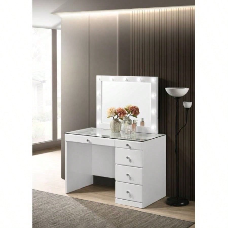 3pc Black Makeup Vanity Set Lighted Mirror Glass Top 5 Drawers Knobs Round Stool Wooden Bedroom Furniture Black