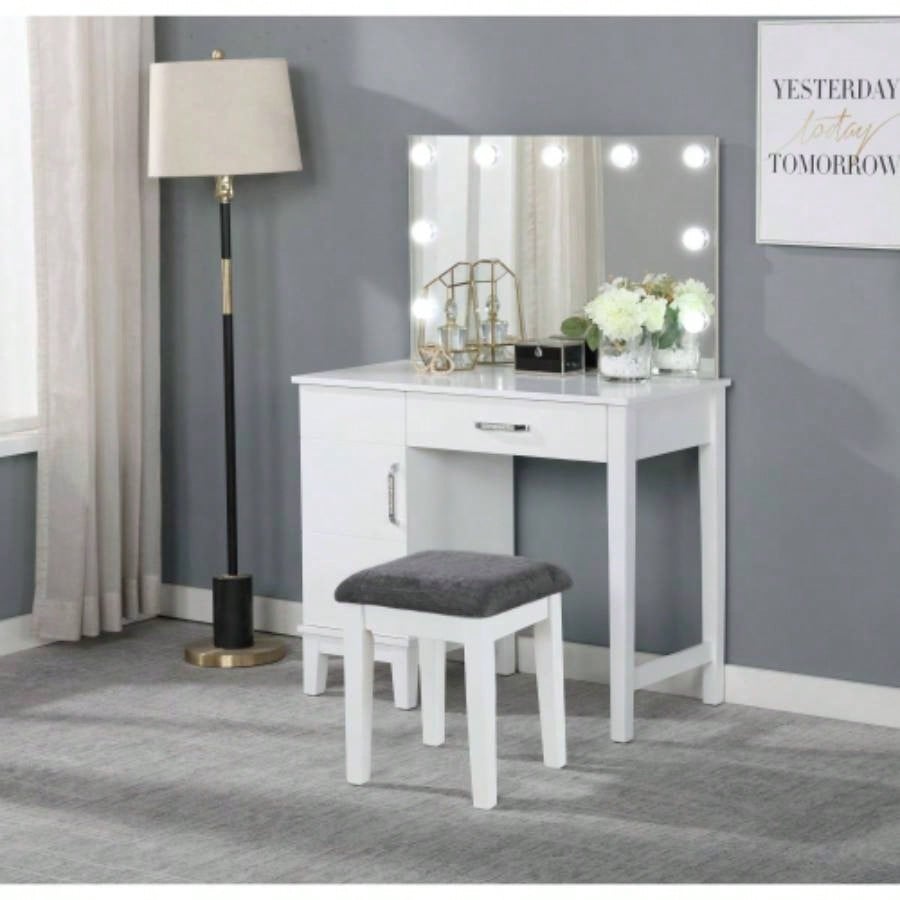 Elijah White and Dark Vanity Set with Lighting and Stool