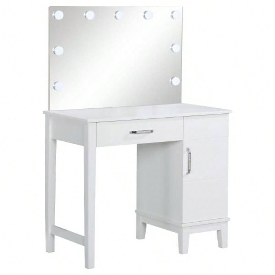 Elijah White and Dark Vanity Set with Lighting and Stool