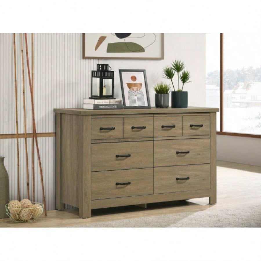 Finn 51 Coffee Gray Oak Dresser with 6 Drawers and Black Handles