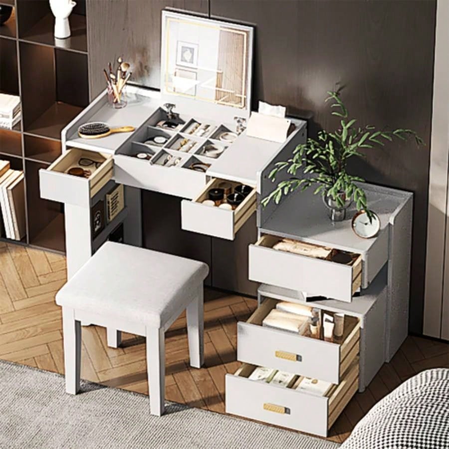 3 - in - 1 Makeup Vanity Desk with Flip - Top Mirror, LED Lighting, Adjustable Length Ample Drawers - Stylish Multi - Functional Dressing Table Home, Walnut