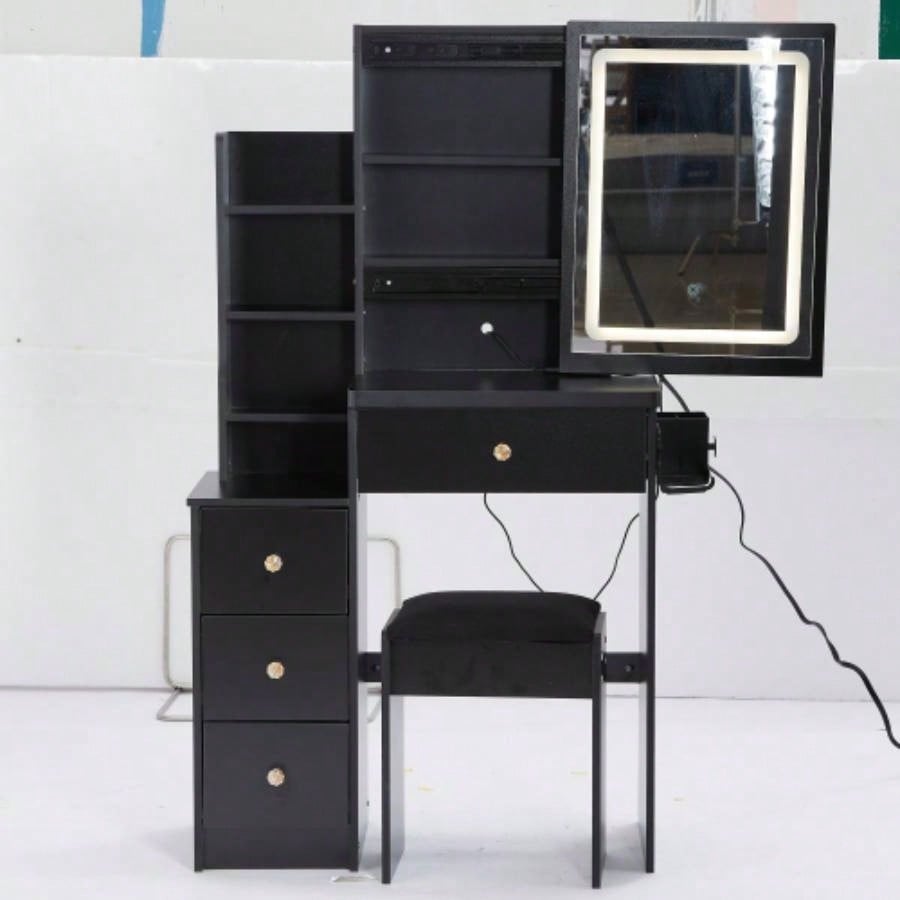 29.2 Small Size Left Bedside Cabinet Vanity Table+ Cushioned Stool, 2 AC+2 USB Power Station, Hair dryer bracket, Large Control Sliding LED Mirror, Tri - color Switching, Brightness Adjust