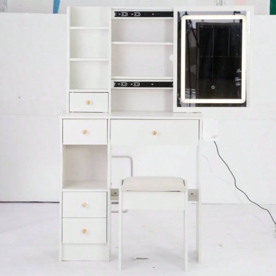 29.2 Small Size Left Drawer Desktop Vanity Table+ Cushioned Stool, 2 AC+2 USB Power Station, Hair dryer bracket, Large Control Sliding LED Mirror, Tri - color Switching, Brightness Adjust
