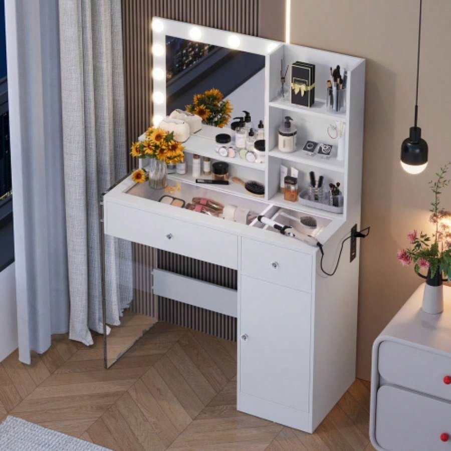 Vanity Desk with Mirror and 3 Lighting Modes, Makeup Vanity with Glass Top and Storage Shelves, Dressing Table with 2 Drawers and Cabinet, Black