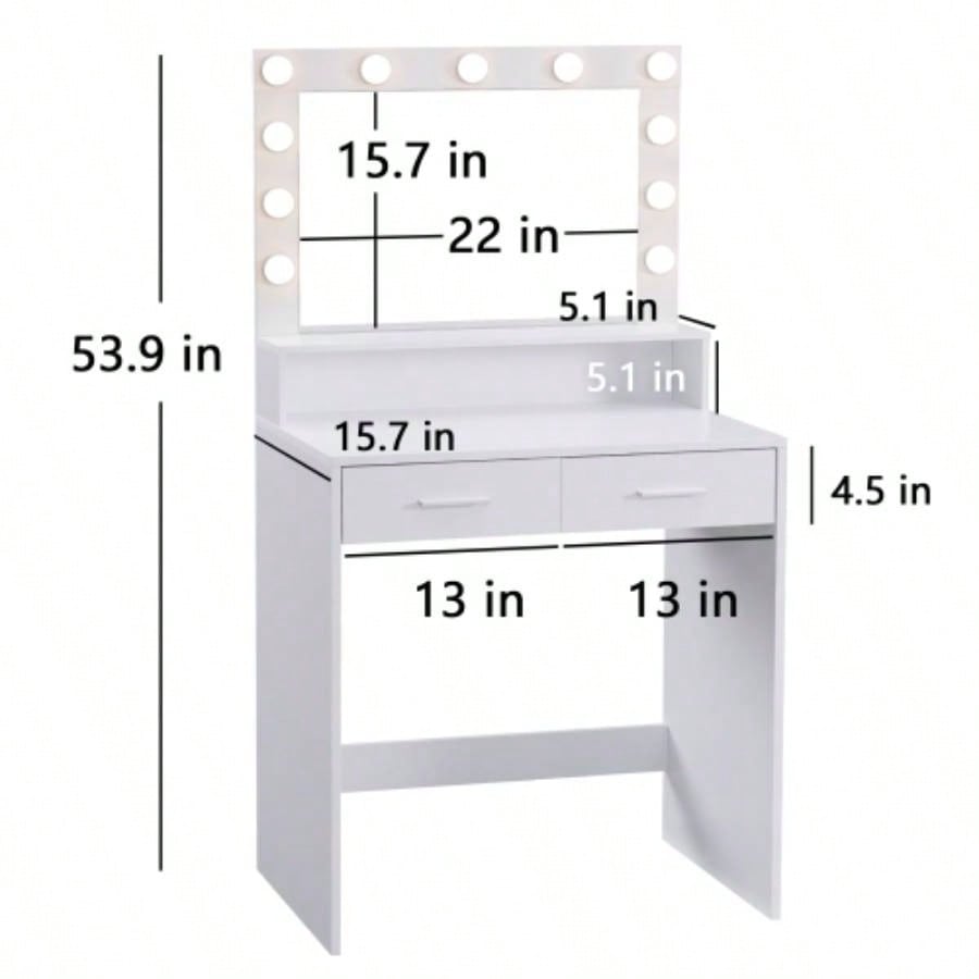 Vanity Desk with Mirror and Lights, Dressing Table with Large Drawer, 2 Level Storage Dresser 3 Lighting Modes Adjustable Brightness, Suitable BedroomWhite