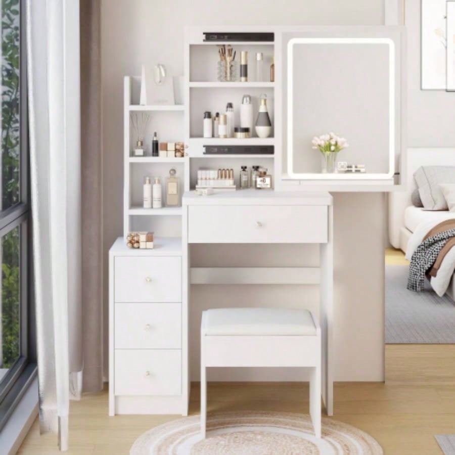 29.2 Small Space Left Bedside Cabinet Vanity Table+ Cushioned Stool, Large Right sliding mirror, Multi Layer High Capacity Storage, Practical Fashionable Dresser, Suitable Small Space