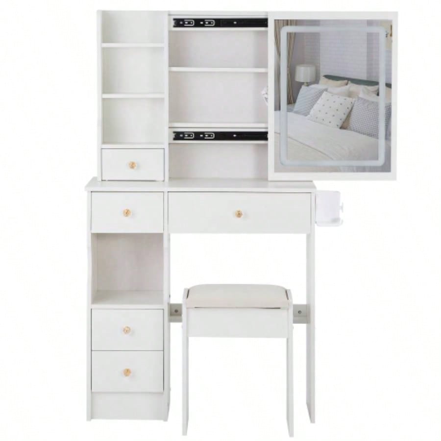29.2 Small Size Left Drawer Desktop Vanity Table+ Cushioned Stool, 2 AC+2 USB Power Station, Hair dryer bracket, Large Control Sliding LED Mirror, Tri - color Switching, Brightness Adjust