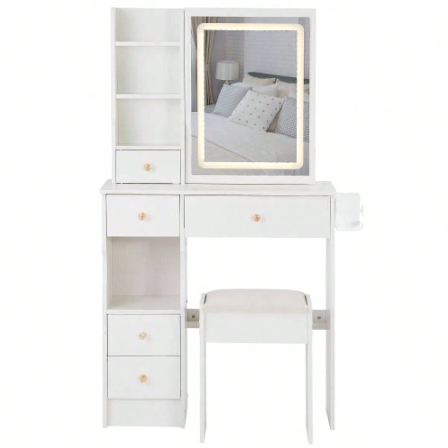 29.2 Small Size Left Drawer Desktop Vanity Table+ Cushioned Stool, 2 AC+2 USB Power Station, Hair dryer bracket, Large Control Sliding LED Mirror, Tri - color Switching, Brightness Adjust