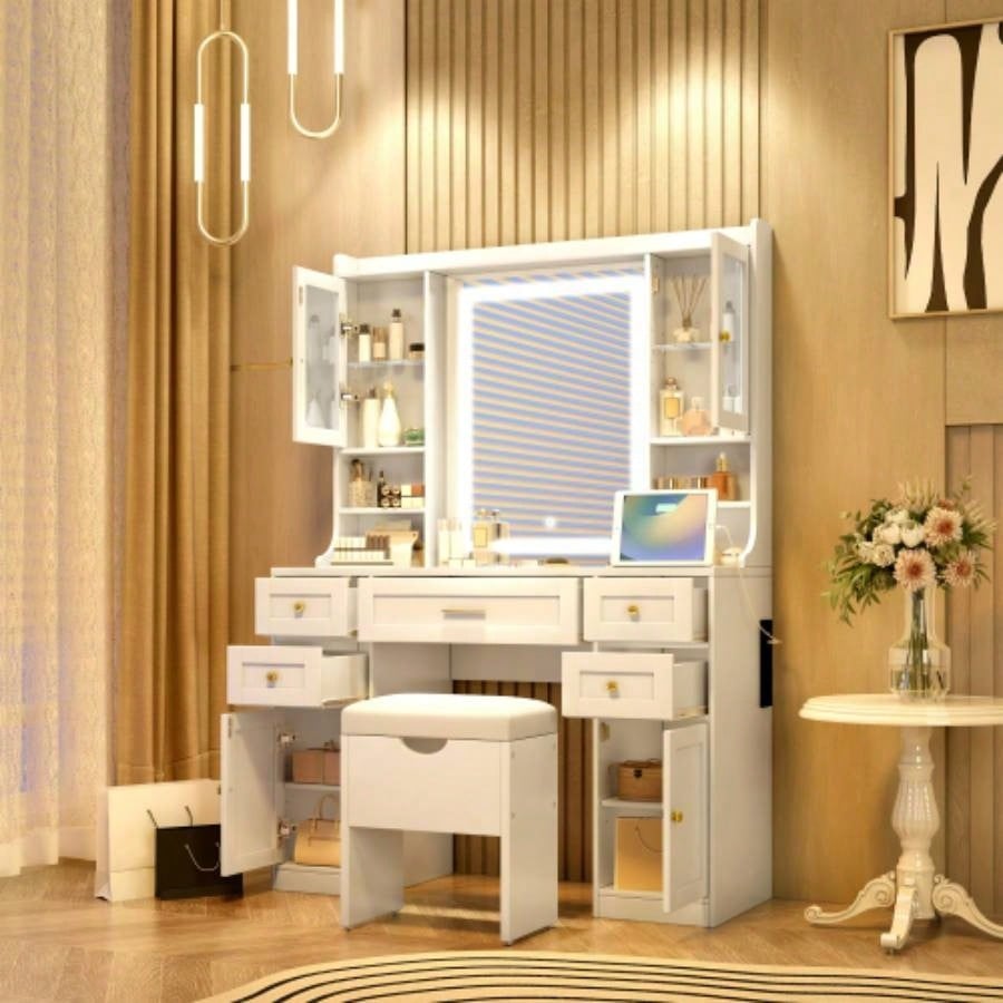41.4 Makeup Vanity Desk with Mirror and Lights, Makeup Table with 5 Drawers and 4 Cabinets, Dressing Table with Charging Station and Cushioned Storage Stool Bedroom, White