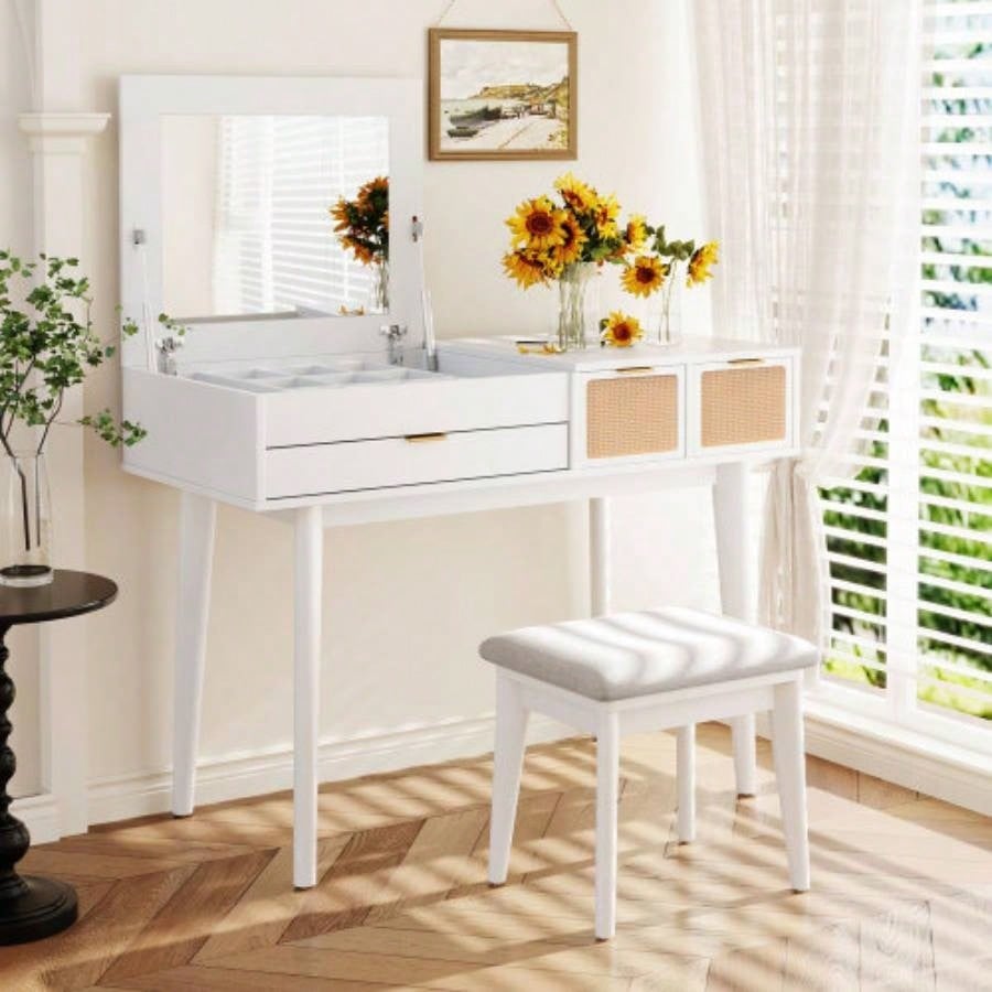 43.3 Classic Wood Makeup Vanity Set with Flip - top Mirror and Stool, Dressing Table with Three Drawers and storage space, White