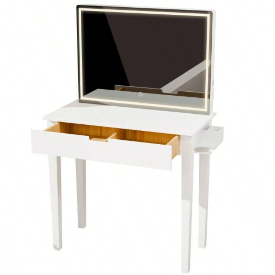 Vanity Desk Set With Mirror Makeup, Makeup Table With 1 Drawer Storage Cosmetics, Vanity Dressing Table Bedroom With Dimmable LED Light With Stool, White