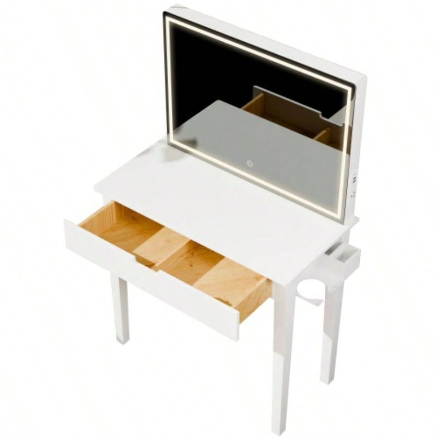 Vanity Desk Set With Mirror Makeup, Makeup Table With 1 Drawer Storage Cosmetics, Vanity Dressing Table Bedroom With Dimmable LED Light With Stool, White