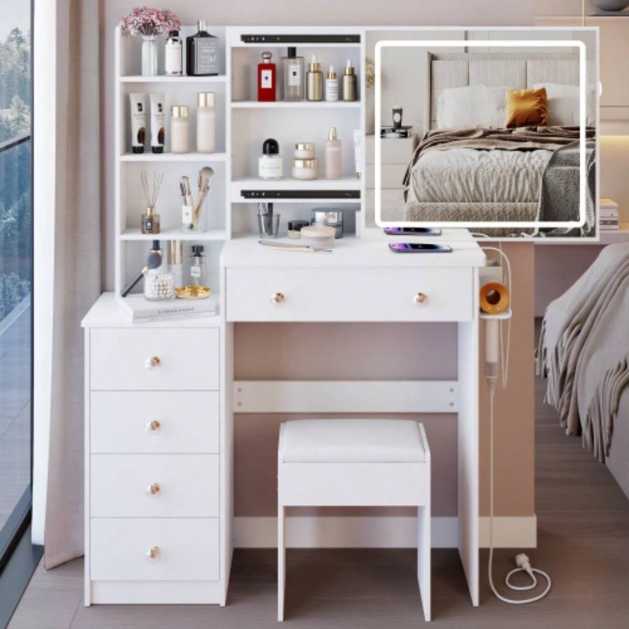 37 Middle Size Left Bedside Cabinet Vanity Table+ Cushioned Stool Dresser Set, 2 AC+2 USB Socket, Large Control LED Sliding Mirror, 3 - color Switch, EPA, GCC, Certificate