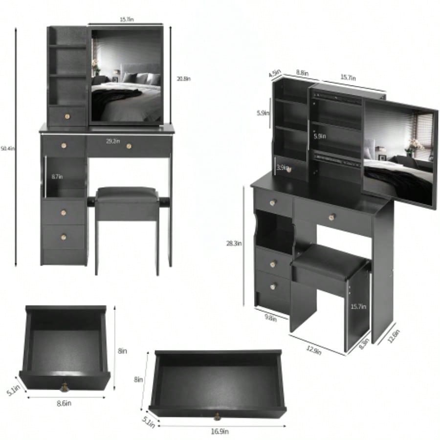 29.2 Small Space Left Drawer Desktop Vanity Table+ Cushioned Stool, Large Right sliding mirror, Multi Layer High Capacity Storage, Practical Fashionable Dresser, Suitable Small Space