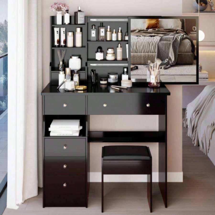 29.2 Small Size Left Drawer Desktop Vanity Table+ Cushioned Stool, Large Right sliding mirror, Multi Layer High Capacity Storage, Practical Fashionable Dresser, Suitable Small Space