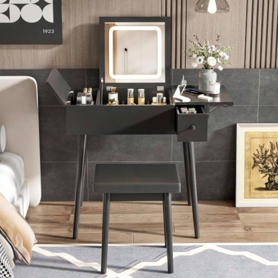 27.9 Black Makeup Vanity Desk with Flip Top Mirror and LED Light, Dressing Table with Charging Station, 2 Drawers and Fold - up Panel, Vanity Set with Cushioned Stool Bedroom