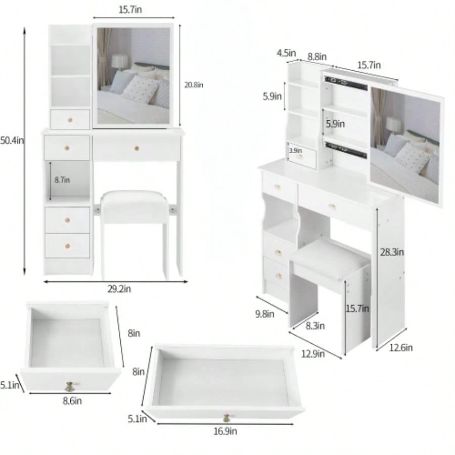 29.2 Small Space Left Drawer Desktop Vanity Table+ Cushioned Stool, Large Right sliding mirror, Multi Layer High Capacity Storage, Practical Fashionable Dresser, Suitable Small Space