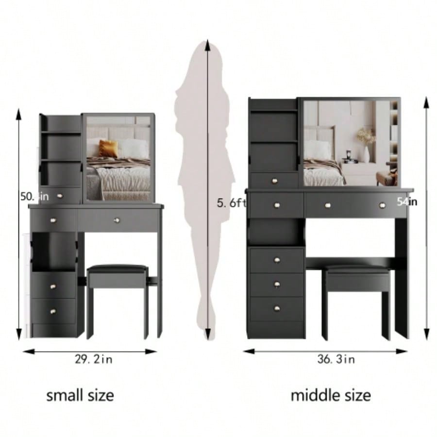 29.2 Small Space Left Drawer Desktop Vanity Table+ Cushioned Stool, Large Right sliding mirror, Multi Layer High Capacity Storage, Practical Fashionable Dresser, Suitable Small Space