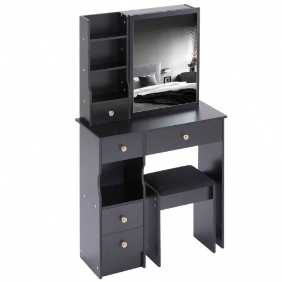 29.2 Small Space Left Drawer Desktop Vanity Table+ Cushioned Stool, Large Right sliding mirror, Multi Layer High Capacity Storage, Practical Fashionable Dresser, Suitable Small Space
