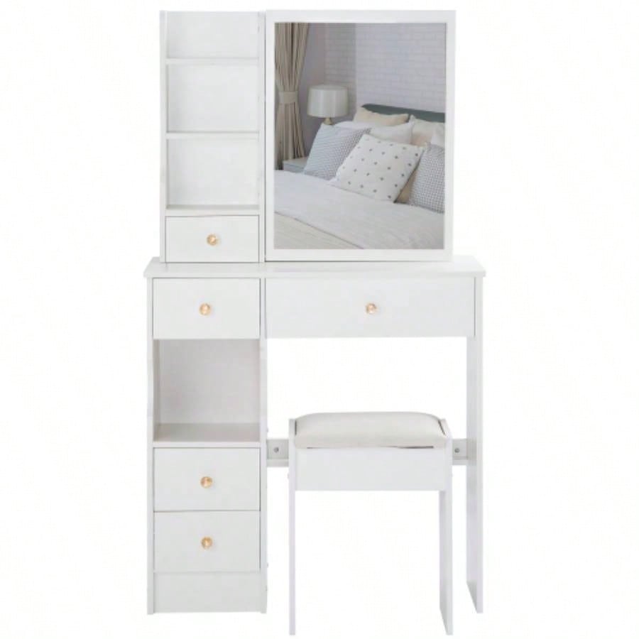 29.2 Small Space Left Drawer Desktop Vanity Table+ Cushioned Stool, Large Right sliding mirror, Multi Layer High Capacity Storage, Practical Fashionable Dresser, Suitable Small Space