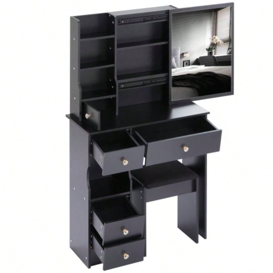 29.2 Small Space Left Drawer Desktop Vanity Table+ Cushioned Stool, Large Right sliding mirror, Multi Layer High Capacity Storage, Practical Fashionable Dresser, Suitable Small Space