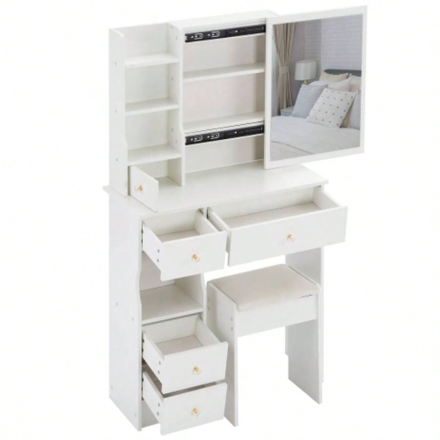 29.2 Small Space Left Drawer Desktop Vanity Table+ Cushioned Stool, Large Right sliding mirror, Multi Layer High Capacity Storage, Practical Fashionable Dresser, Suitable Small Space