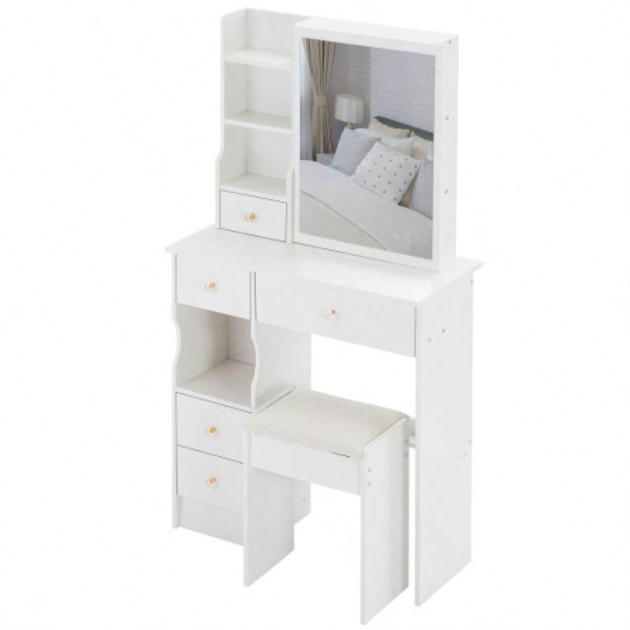 29.2 Small Space Left Drawer Desktop Vanity Table+ Cushioned Stool, Large Right sliding mirror, Multi Layer High Capacity Storage, Practical Fashionable Dresser, Suitable Small Space