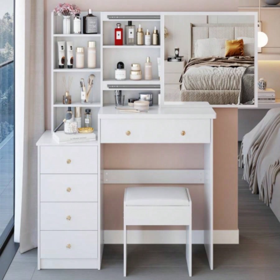 37 Middle Size Left Bedside Cabinet Vanity Table+ Cushioned Stool, Large Right sliding mirror, Multi Layer High Capacity Storage, Practical Fashionable Dresser, Suitable Large Space