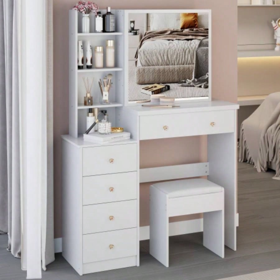37 Middle Size Left Bedside Cabinet Vanity Table+ Cushioned Stool, Large Right sliding mirror, Multi Layer High Capacity Storage, Practical Fashionable Dresser, Suitable Large Space