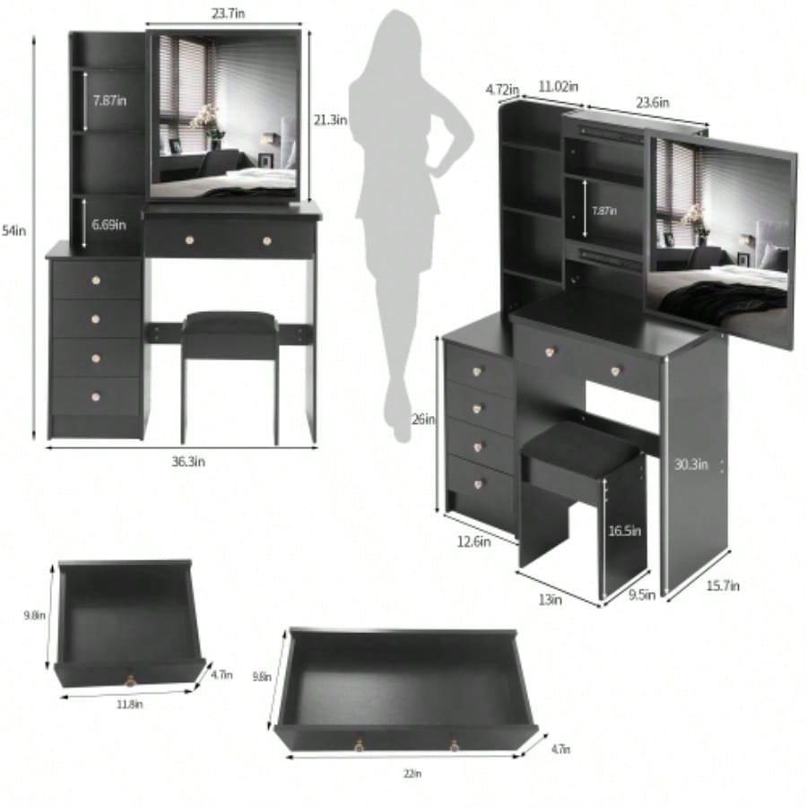 37 Middle Size Left Bedside Cabinet Vanity Table+ Cushioned Stool, Large Right sliding mirror, Multi Layer High Capacity Storage, Practical Fashionable Dresser, Suitable Middle Space