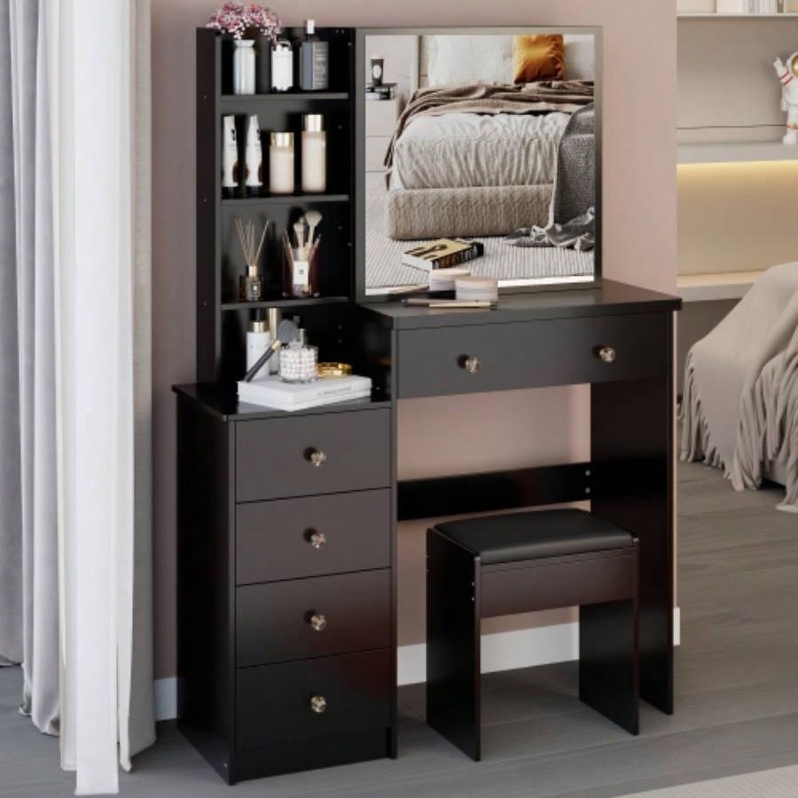 37 Middle Size Left Bedside Cabinet Vanity Table+ Cushioned Stool, Large Right sliding mirror, Multi Layer High Capacity Storage, Practical Fashionable Dresser, Suitable Middle Space