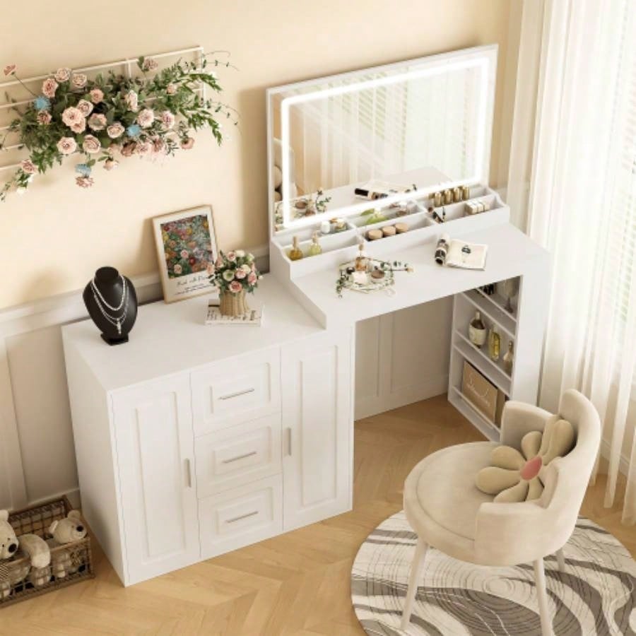 59 Makeup Vanity Desk with Mirror, Vanity Mirror with Lights, Dressing Table with 3 Drawers and 2 Cabinets, Vanity Table with Storage Shelves Bedroom, White