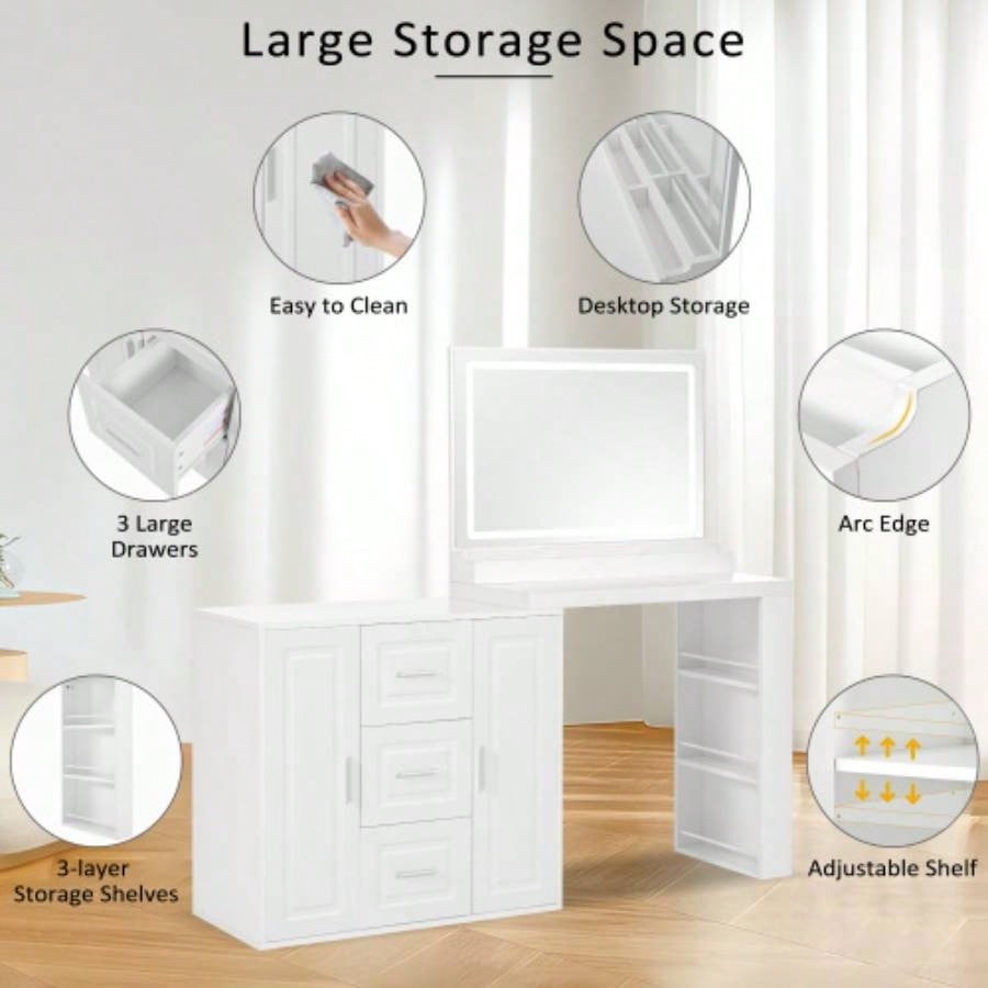 59 Makeup Vanity Desk with Mirror, Vanity Mirror with Lights, Dressing Table with 3 Drawers and 2 Cabinets, Vanity Table with Storage Shelves Bedroom, White