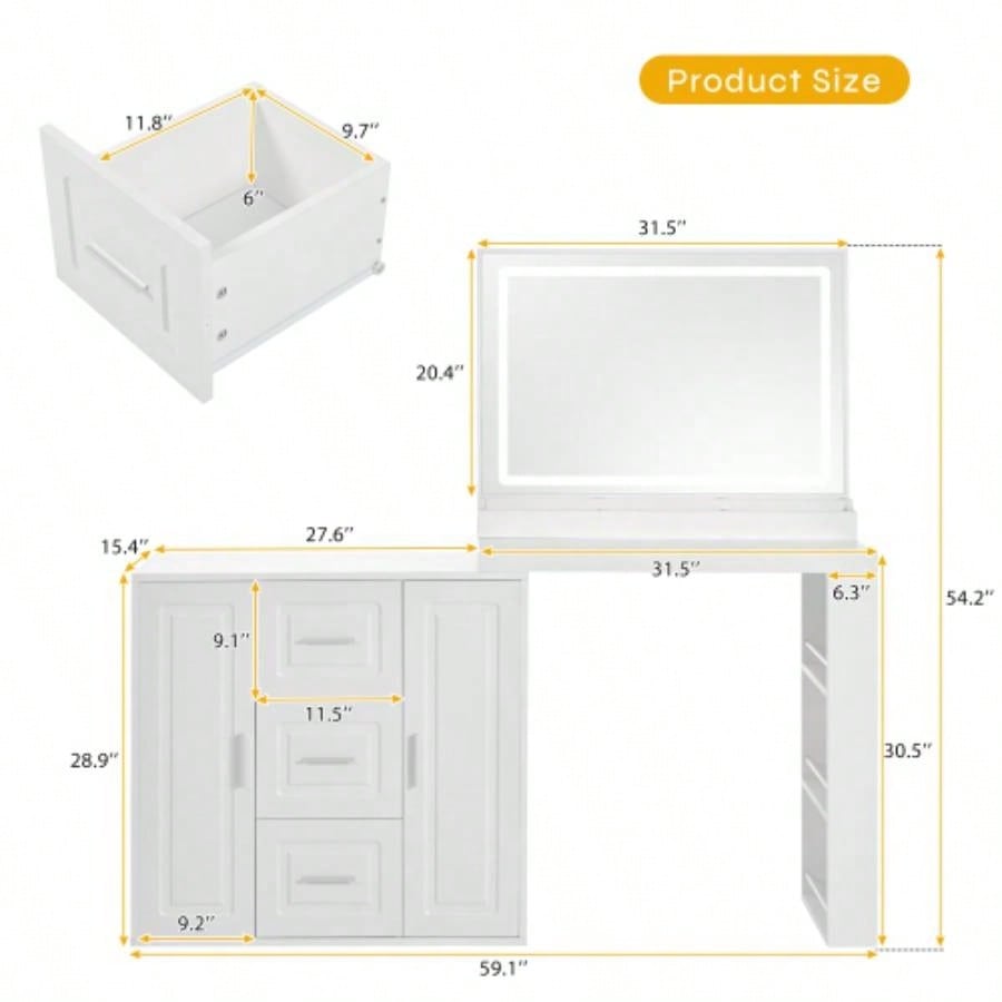 59 Makeup Vanity Desk with Mirror, Vanity Mirror with Lights, Dressing Table with 3 Drawers and 2 Cabinets, Vanity Table with Storage Shelves Bedroom, White