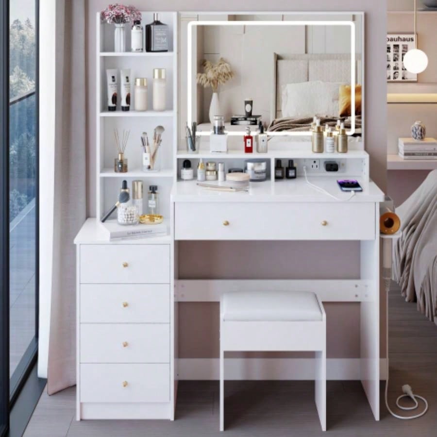41 Large Size Left Bedside Cabinet Vanity Table+Cushioned Stool Dresser Set, 2 AC+2 USB Power Station, Large Control LED Mirror, 3 - color Switch, EPA, GCC, Certificate