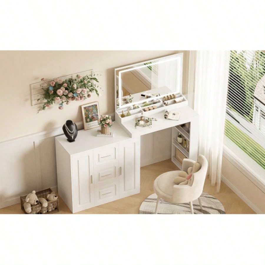 59 Makeup Vanity Desk with Mirror, Vanity Mirror with Lights, Dressing Table with 3 Drawers and 2 Cabinets, Vanity Table with Storage Shelves Bedroom, White