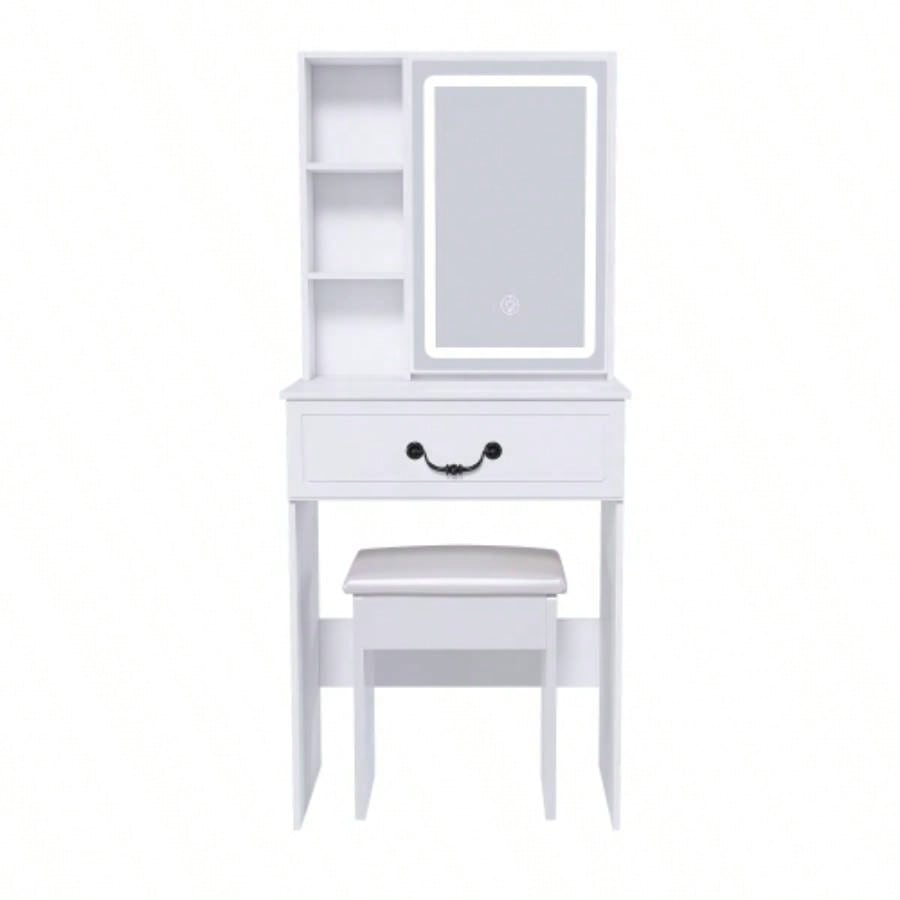 Modern Dressing Table with LED - lit Mirror Hidden Storage, Includes Padded Stool, Adjustable Brightness Vanity Desk, Multi - tier Dust - proof Shelves, White