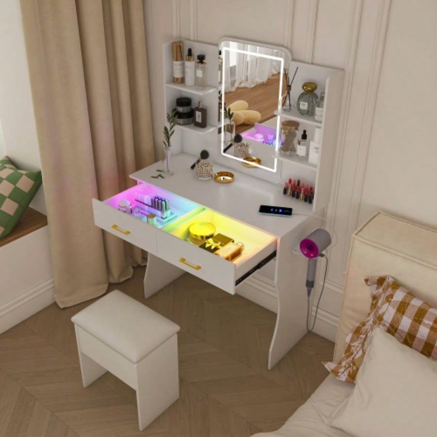 Vanity Desk with LED Lights Mirror Power Outlet, Vanity Table Set with Storage Drawers Chair, 3 Lighting Modes Led RGB Adjustable Brightness, Dressing Table Women Girls Bedroom, White